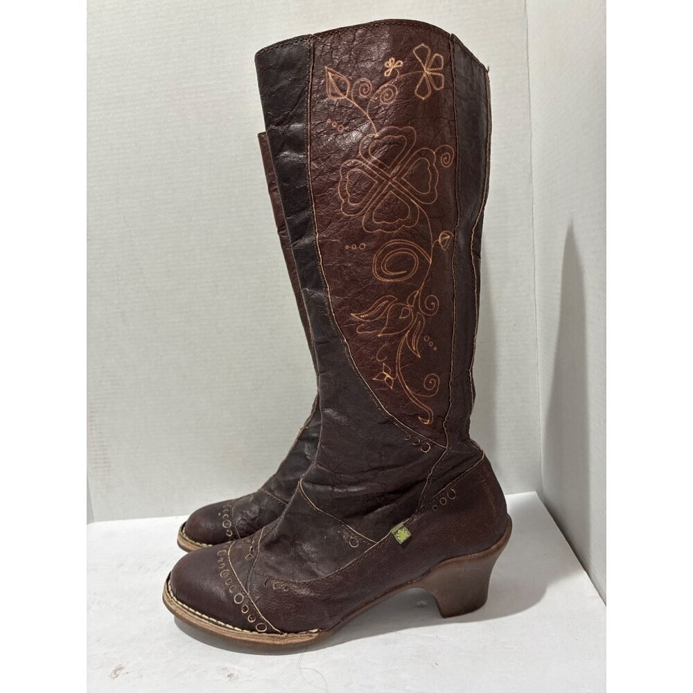 El Naturalista 4 Leaf Clover Painted Brown Distressed Leather Womens Tall Boots